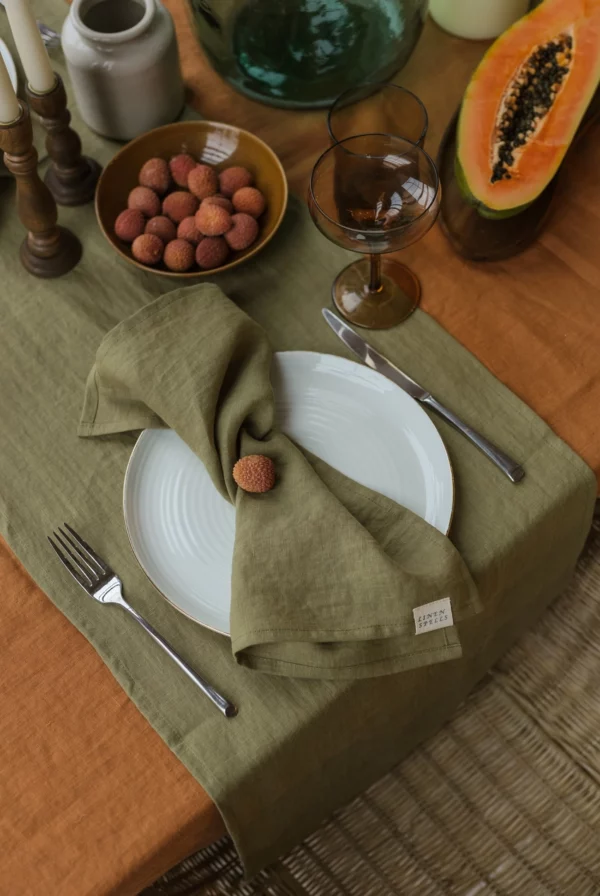 Serviettes de table en lin - Vert olive - lot de 2